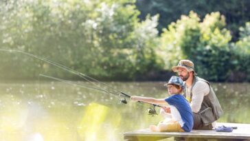 A father and son sitting next to each other on a pier and fishing. They're both holding a fishing pole in the water.