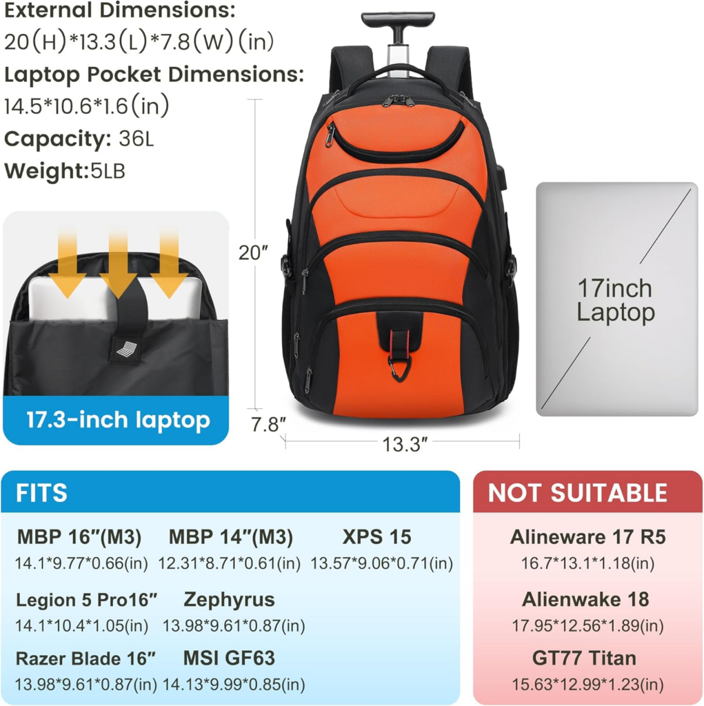 Boavan Rolling Backpack (17-inch, Black & Orange)